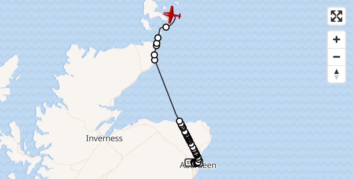 Flight path map showing Air Ambulance Aircraft route from Aberdeen International Airport to North Atlantic Ocean