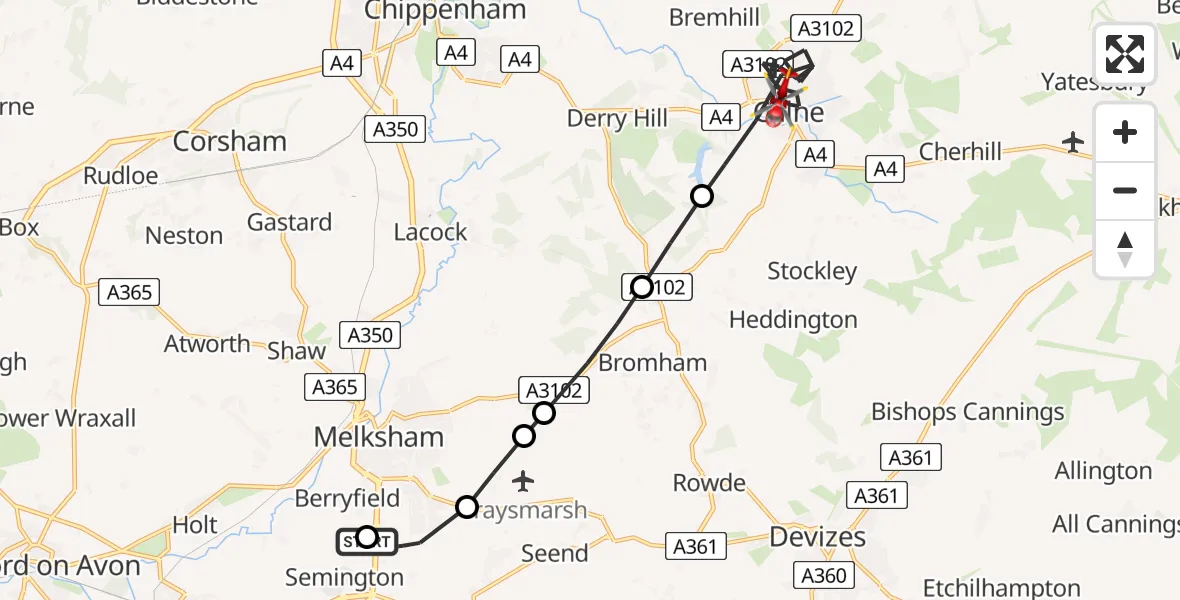 Flight path map showing Air Ambulance Helicopter route from Wiltshire Air Ambulance to Calne