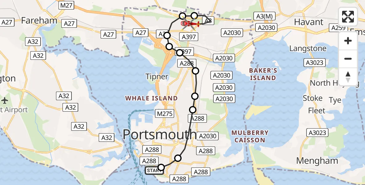 Flight path map showing Air Ambulance Helicopter route from Southsea to Queen Alexandra Hospital