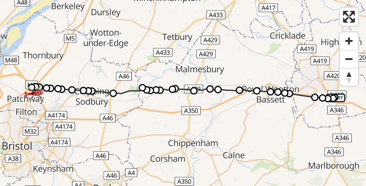 Flight path map showing Air Ambulance Helicopter route from Great Western Hospital to Bristol