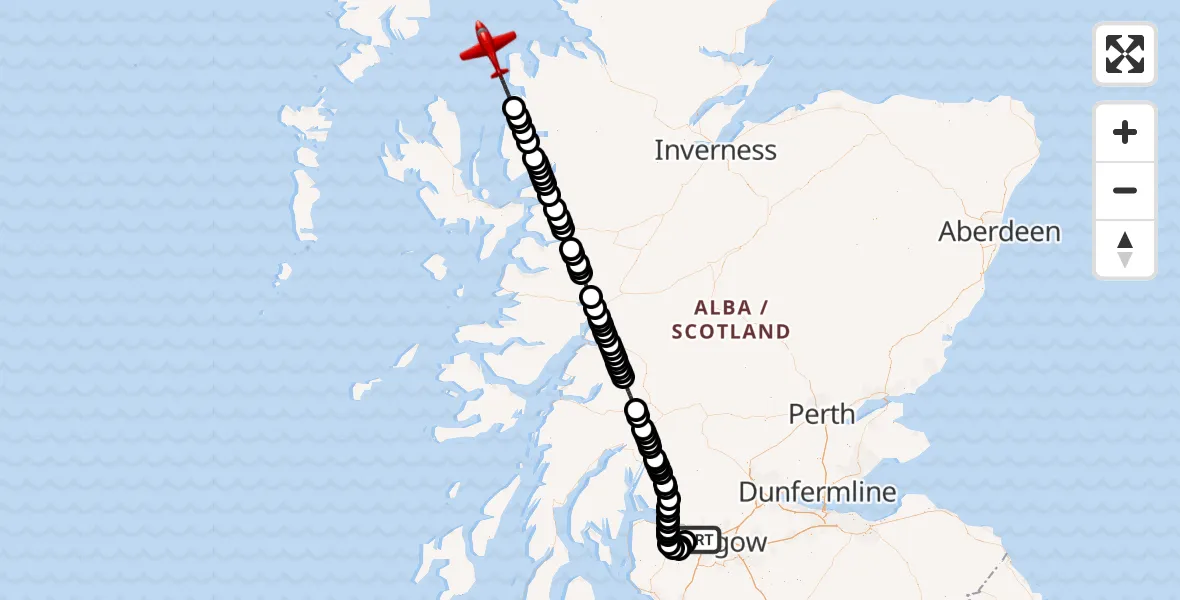 Flight path map showing Air Ambulance Aircraft route from Glasgow Airport to Inner Seas