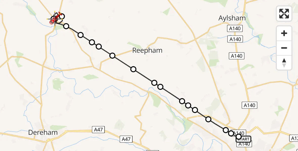 Flight path map showing Air Ambulance Helicopter route from Norwich Airport to Little Ryburgh