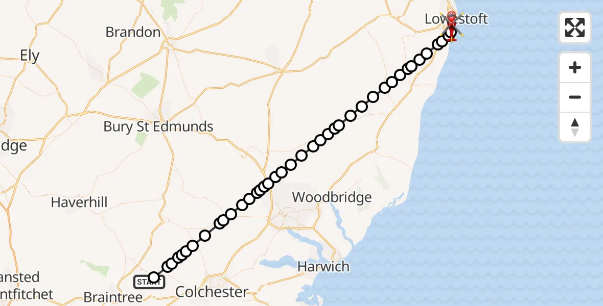 Flight path map showing Air Ambulance Helicopter route from Earls Colne Airfield to Lowestoft