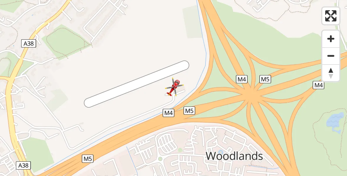 Flight path map showing Air Ambulance Helicopter route from Almondsbury Helicopter Base to Almondsbury Helicopter Base