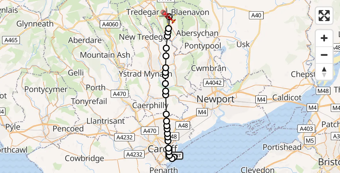 Flight path map showing Air Ambulance Helicopter route from Cardiff Heliport to Blaina