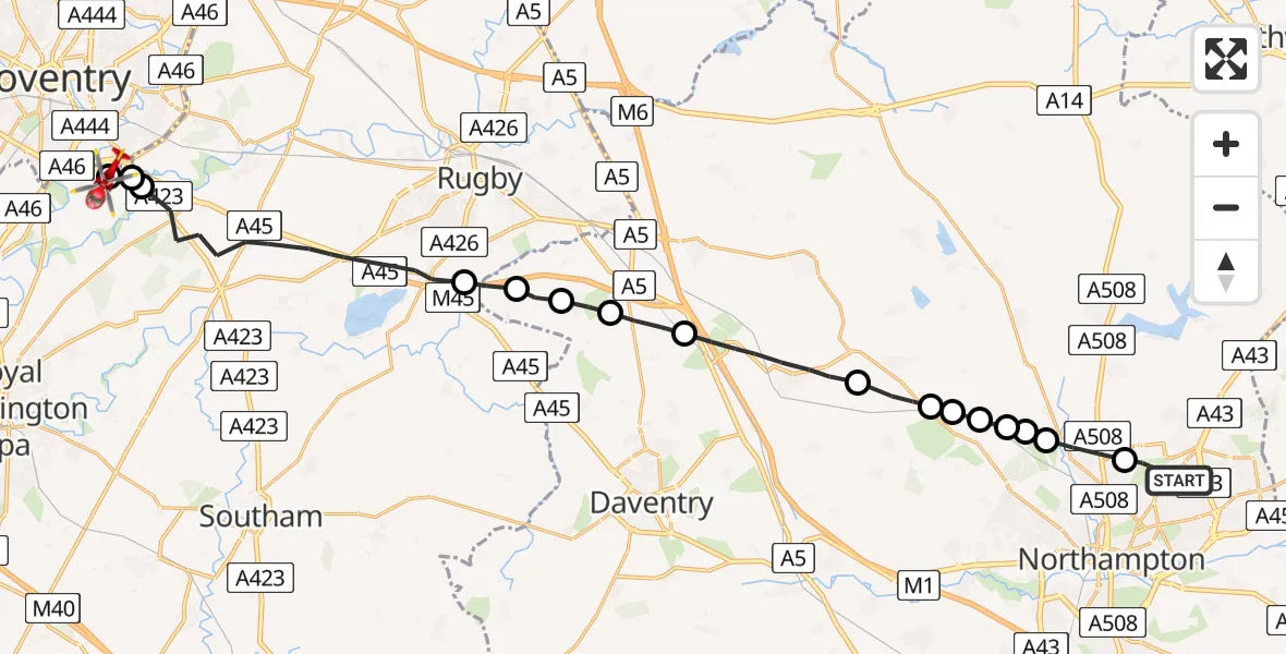 Flight path map showing Air Ambulance Helicopter route from Northampton to Coventry Airport