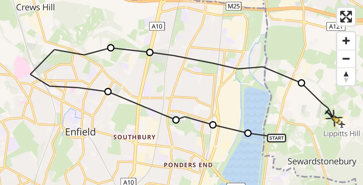 Flight path map showing Police Helicopter route from Sewardstonebury to Epping Forest