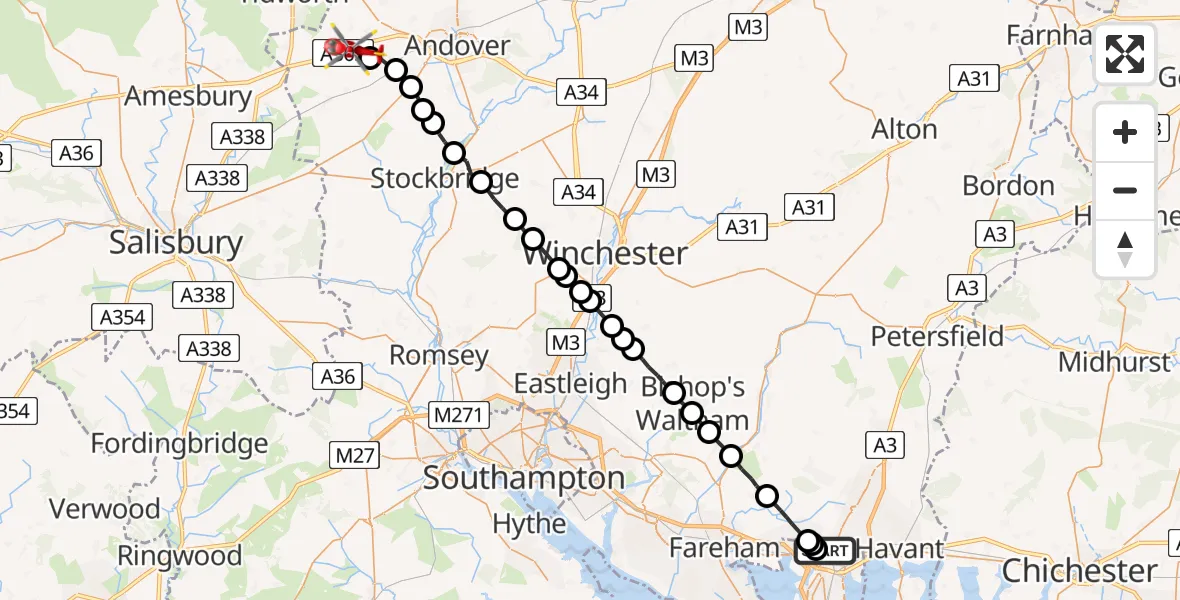 Flight path map showing Air Ambulance Helicopter route from Queen Alexandra Hospital to Thruxton