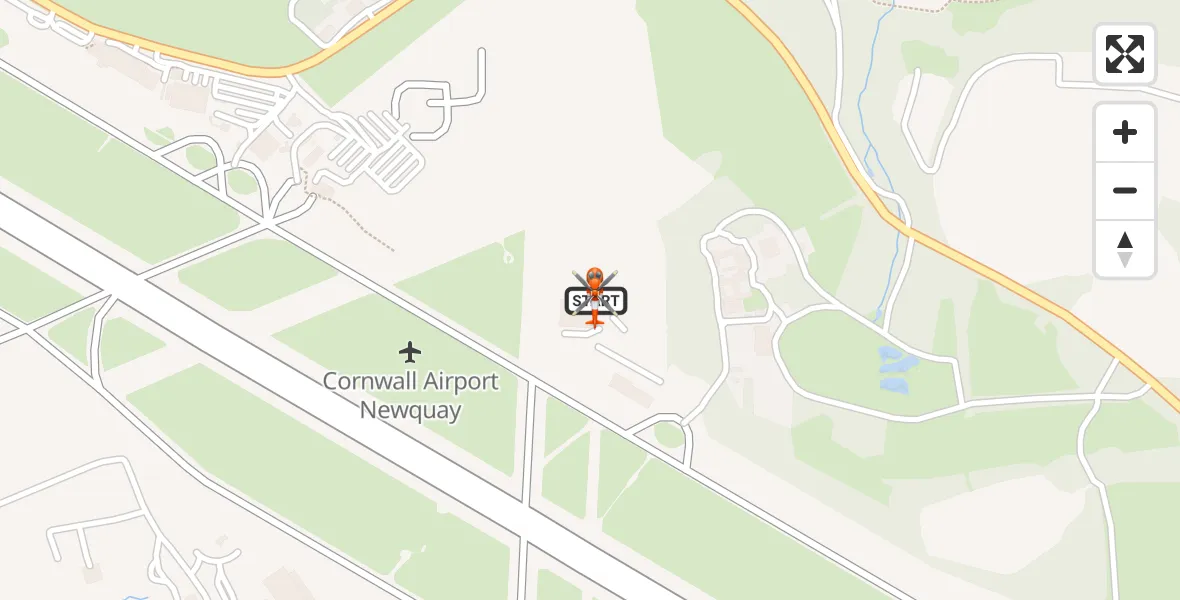 Flight path map showing Coastguard Helicopter route from Cornwall Airport Newquay to Cornwall Airport Newquay