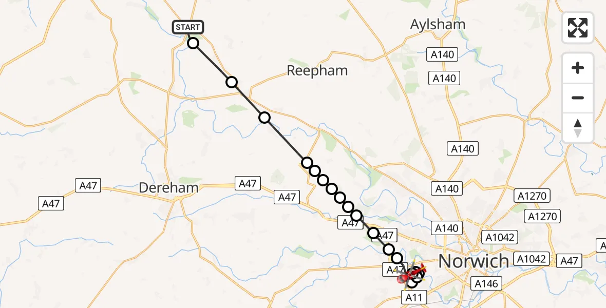 Flight path map showing Air Ambulance Helicopter route from Breckland to Norfolk & Norwich Hospital