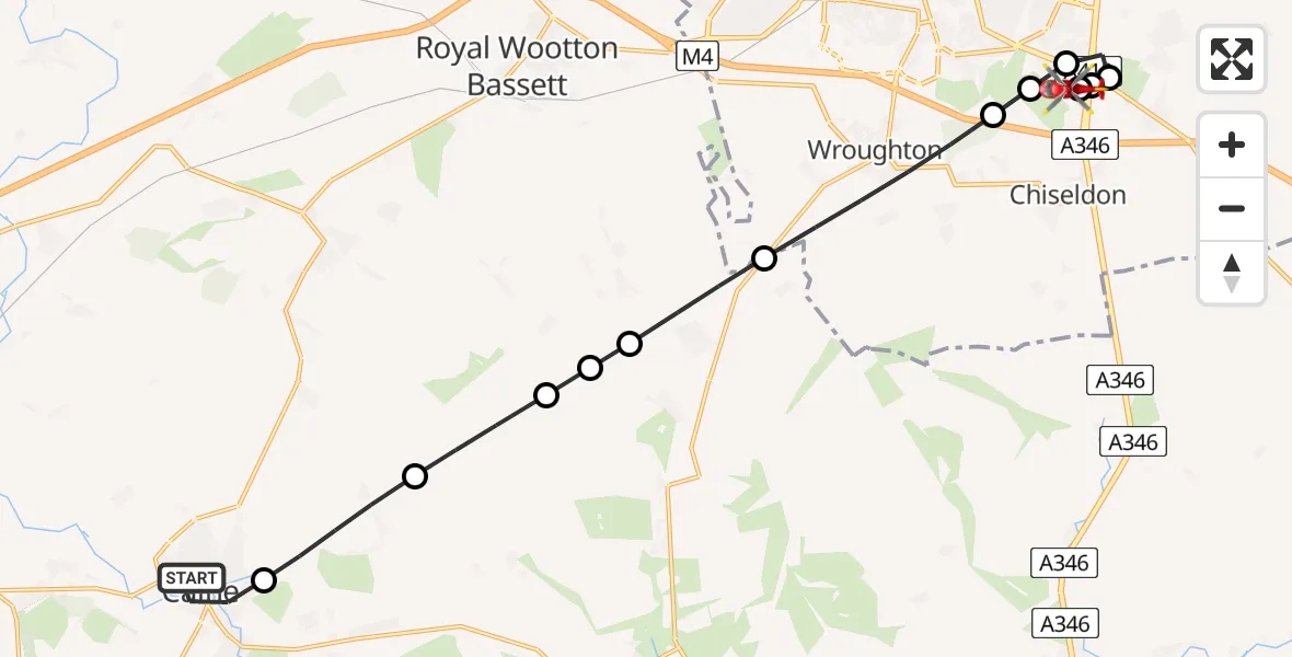 Flight path map showing Air Ambulance Helicopter route from Calne to Great Western Hospital
