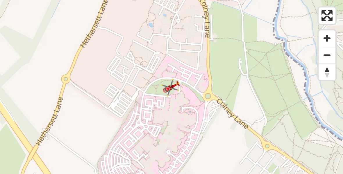 Flight path map showing Air Ambulance Helicopter route from Norfolk & Norwich Hospital to Norfolk & Norwich Hospital