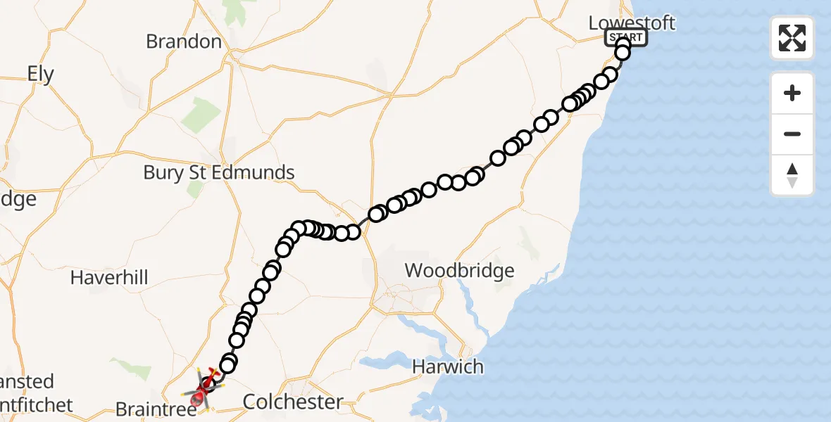 Flight path map showing Air Ambulance Helicopter route from Lowestoft to Earls Colne Airfield