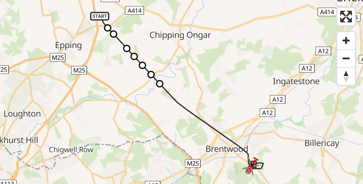 Flight path map showing Air Ambulance Helicopter route from North Weald Airfield to Brentwood
