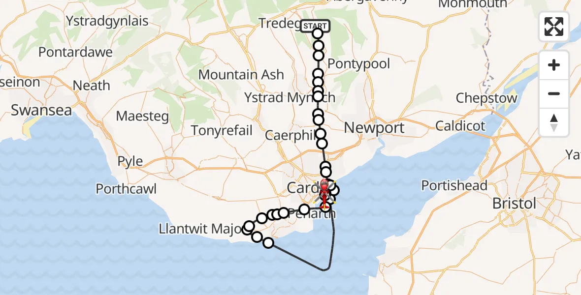 Flight path map showing Air Ambulance Helicopter route from Blaina to Cardiff Heliport