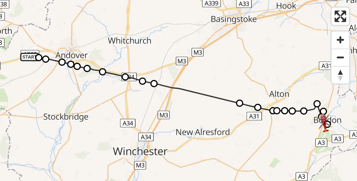 Flight path map showing Air Ambulance Helicopter route from Amport to Bordon