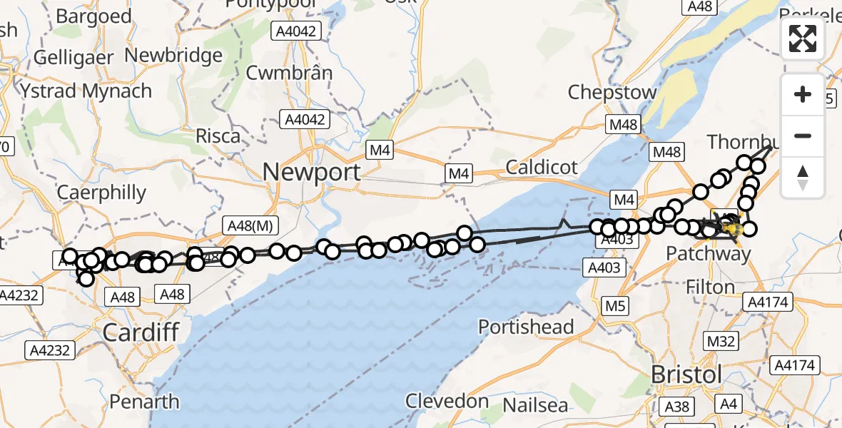 Flight path map showing Police Helicopter route from Almondsbury Helicopter Base to Almondsbury Helicopter Base
