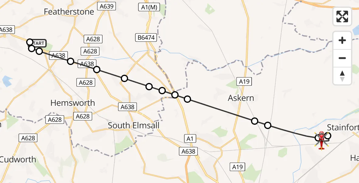 Flight path map showing Air Ambulance Helicopter route from YAA Nostell Helicopter Port to Stainforth