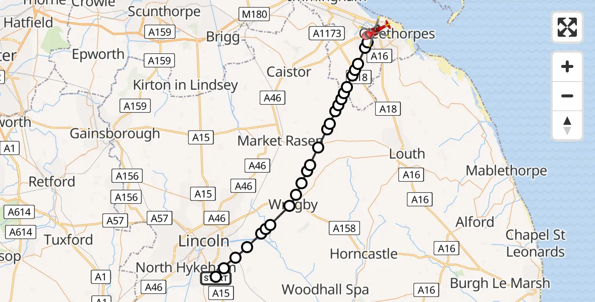 Flight path map showing Air Ambulance Helicopter route from RAF Waddington to Grimsby
