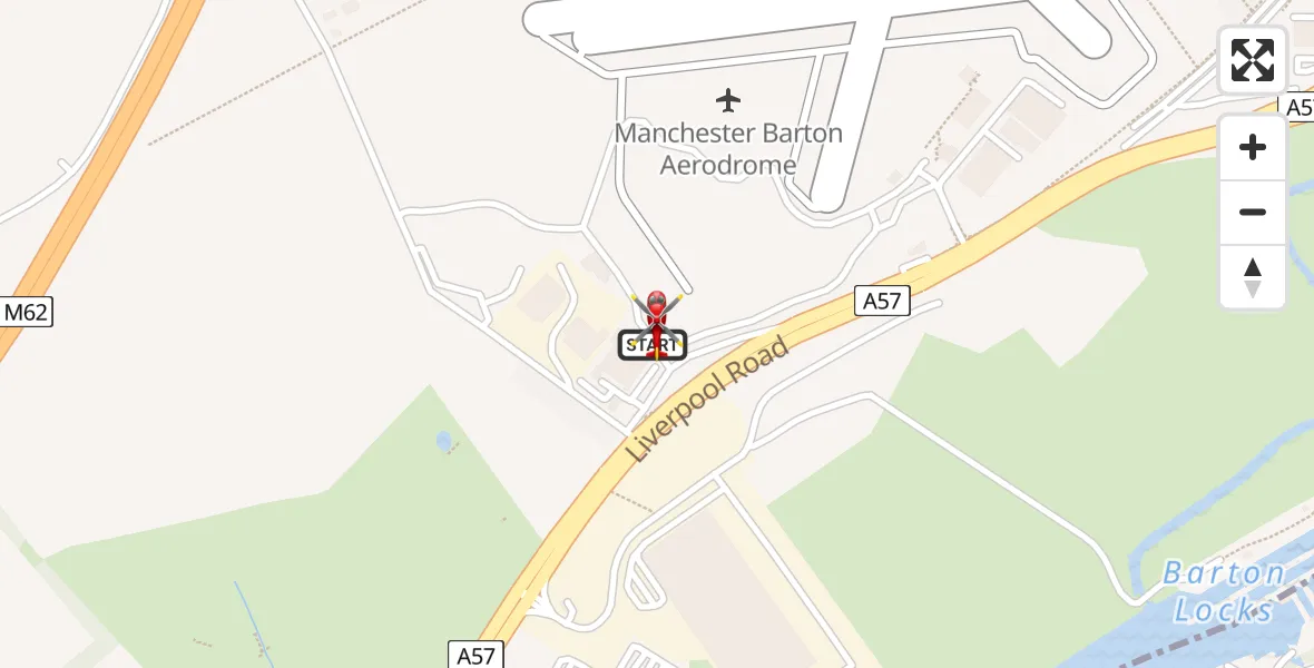 Flight path map showing Air Ambulance Helicopter route from Manchester Barton Aerodrome to Manchester Barton Aerodrome