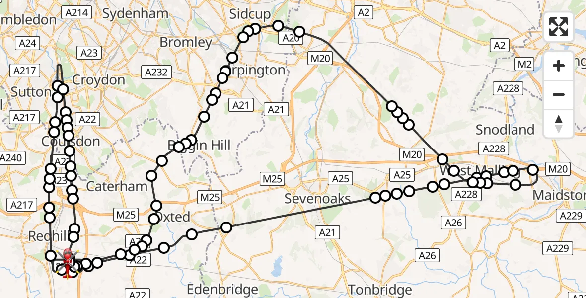 Flight path map showing Air Ambulance Helicopter route from Redhill Aerodrome to Redhill Aerodrome