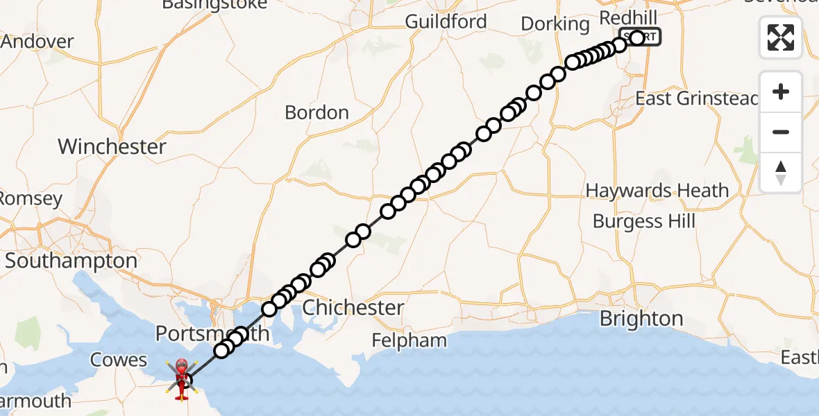 Flight path map showing Air Ambulance Helicopter route from Redhill Aerodrome to Ryde