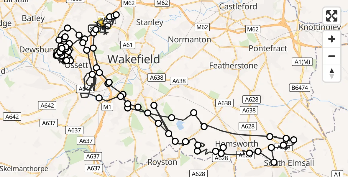 Flight path map showing Police Helicopter route from East Ardsley to Wrenthorpe