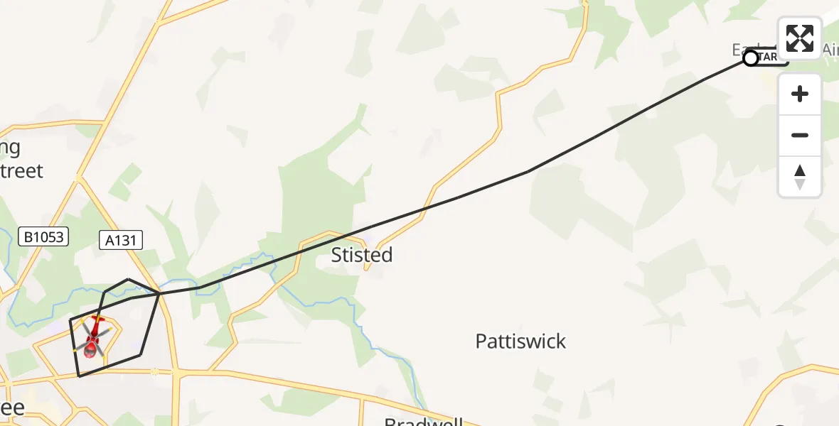 Flight path map showing Air Ambulance Helicopter route from Earls Colne Airfield to Braintree