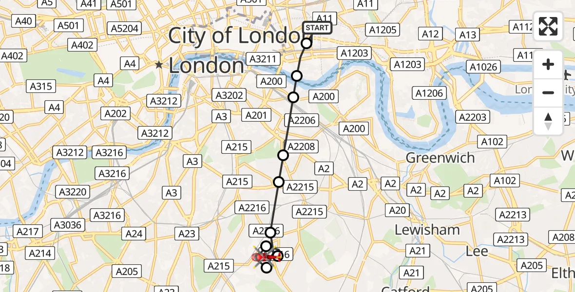 Flight path map showing Air Ambulance Helicopter route from Royal London Hospital to Dulwich Village