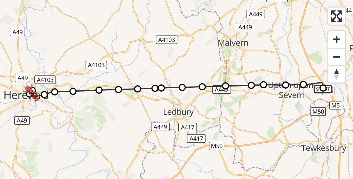 Flight path map showing Air Ambulance Helicopter route from Hill Croome to Hereford County Hospital
