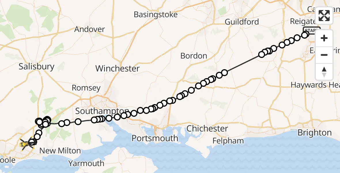 Flight path map showing Police Helicopter route from Salfords to Bournemouth Airport