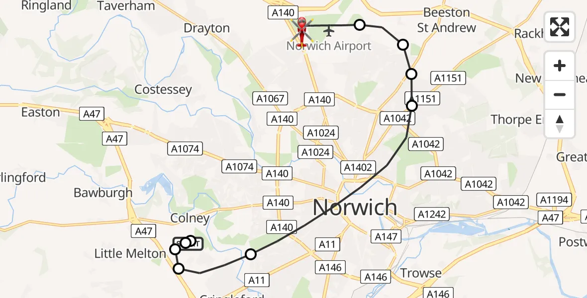 Flight path map showing Air Ambulance Helicopter route from Norfolk & Norwich Hospital to Norwich Airport