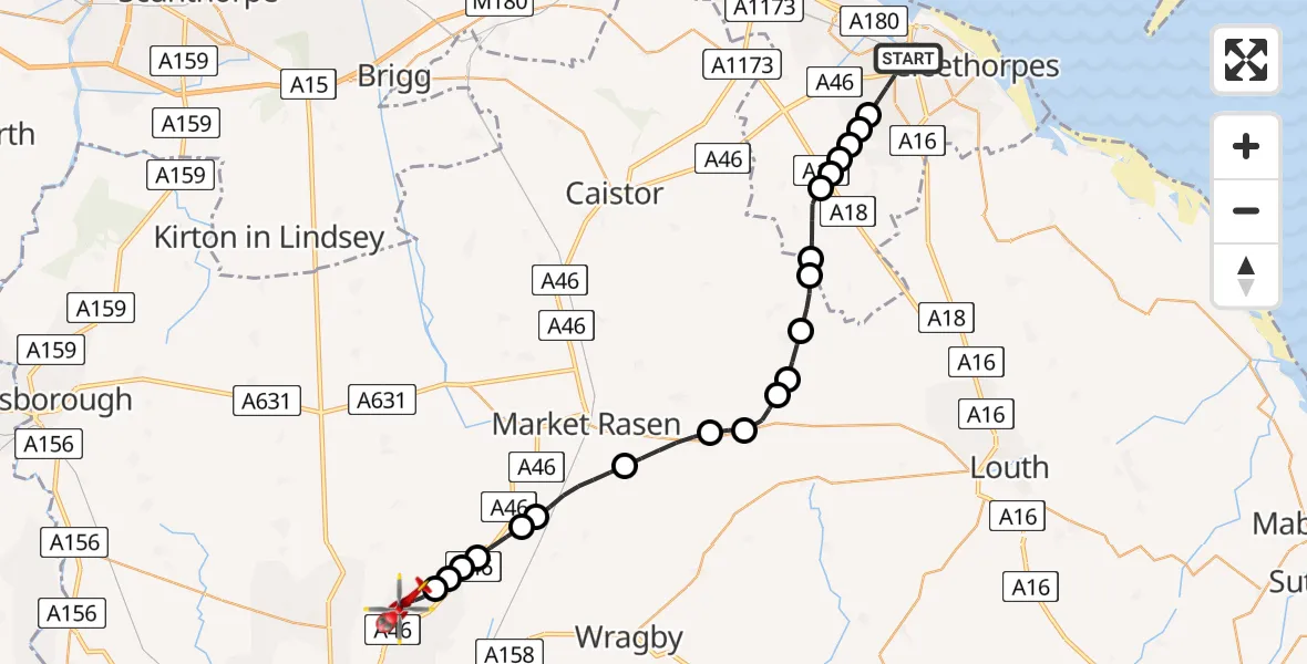 Flight path map showing Air Ambulance Helicopter route from Grimsby to Welton CP
