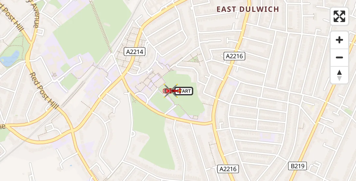 Flight path map showing Air Ambulance Helicopter route from Dulwich Village to Dulwich Village