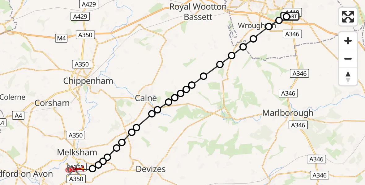 Flight path map showing Air Ambulance Helicopter route from Great Western Hospital to Wiltshire Air Ambulance