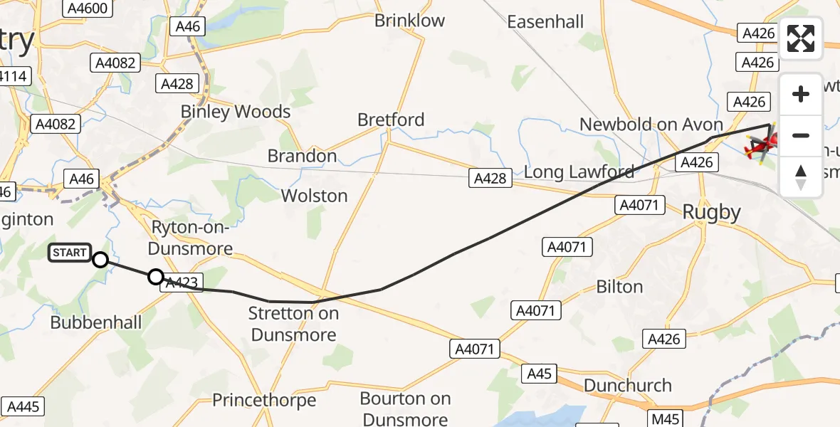 Flight path map showing Air Ambulance Helicopter route from Coventry Airport to Rugby