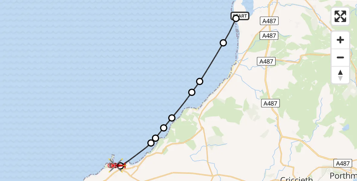 Flight path map showing Air Ambulance Helicopter route from Caernarfon Airport to Morfa Nefyn
