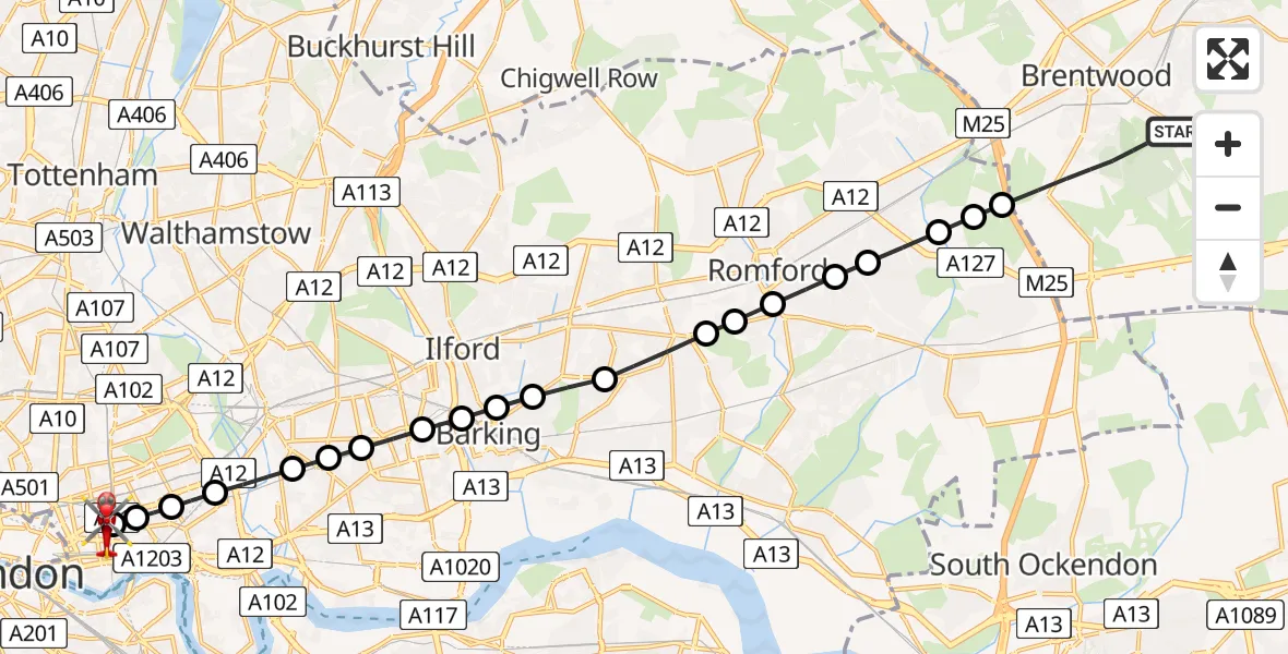Flight path map showing Air Ambulance Helicopter route from Brentwood to Royal London Hospital