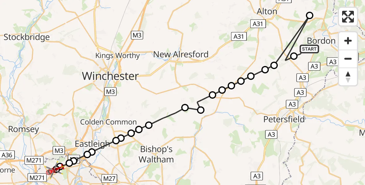Flight path map showing Air Ambulance Helicopter route from Blackmoor to University Hospital Southampton