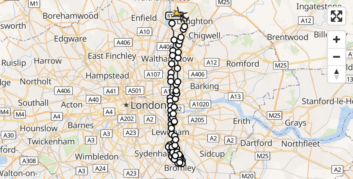 Flight path map showing Police Helicopter route from Sewardstonebury to Sewardstonebury