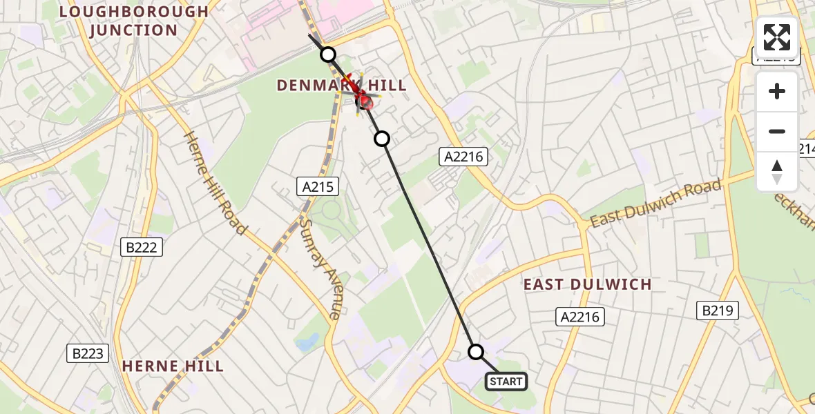 Flight path map showing Air Ambulance Helicopter route from East Dulwich to Camberwell