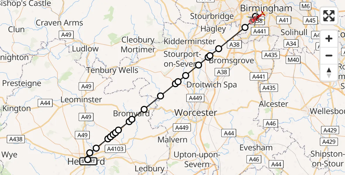 Flight path map showing Air Ambulance Helicopter route from Hereford County Hospital to Metchley