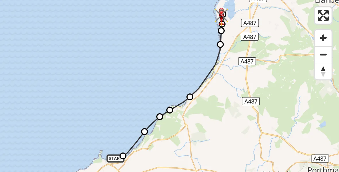 Flight path map showing Air Ambulance Helicopter route from Morfa Nefyn to Caernarfon Airport