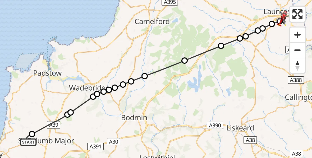 Flight path map showing Air Ambulance Helicopter route from Cornwall Airport Newquay to Launceston