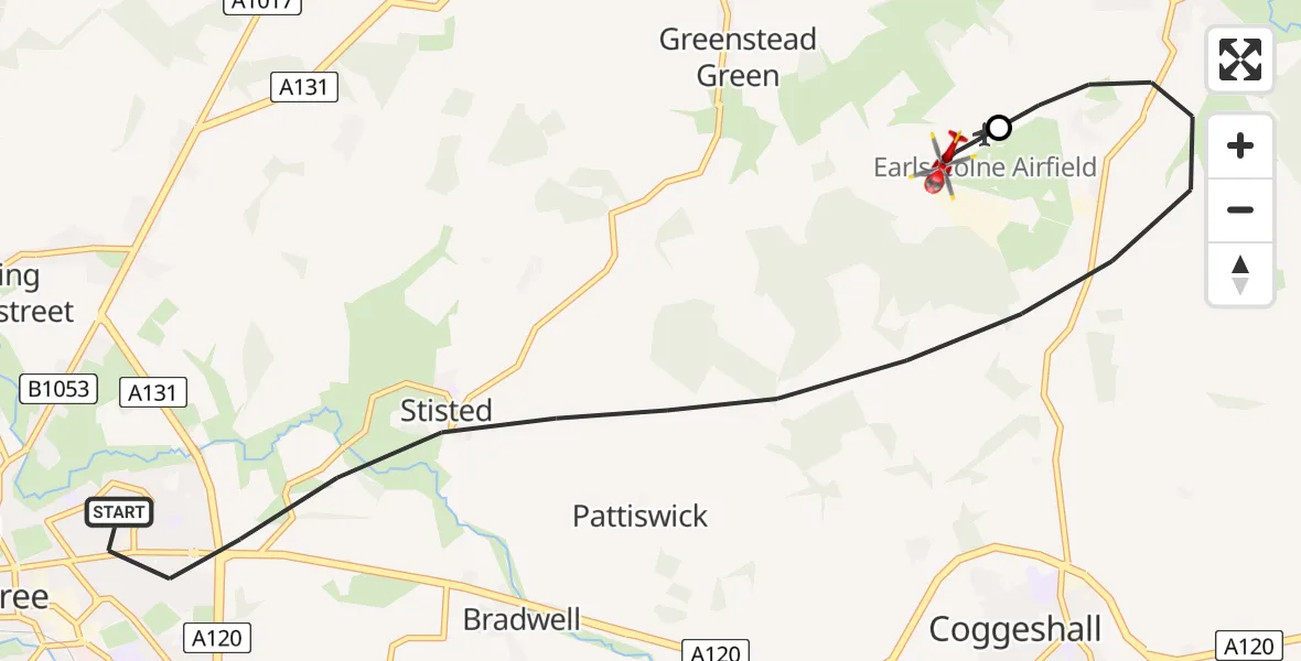 Flight path map showing Air Ambulance Helicopter route from Braintree to Earls Colne Airfield