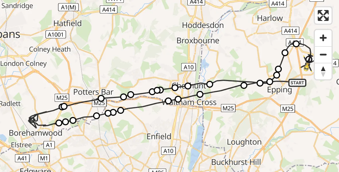 Flight path map showing Police Helicopter route from Epping to North Weald Airfield
