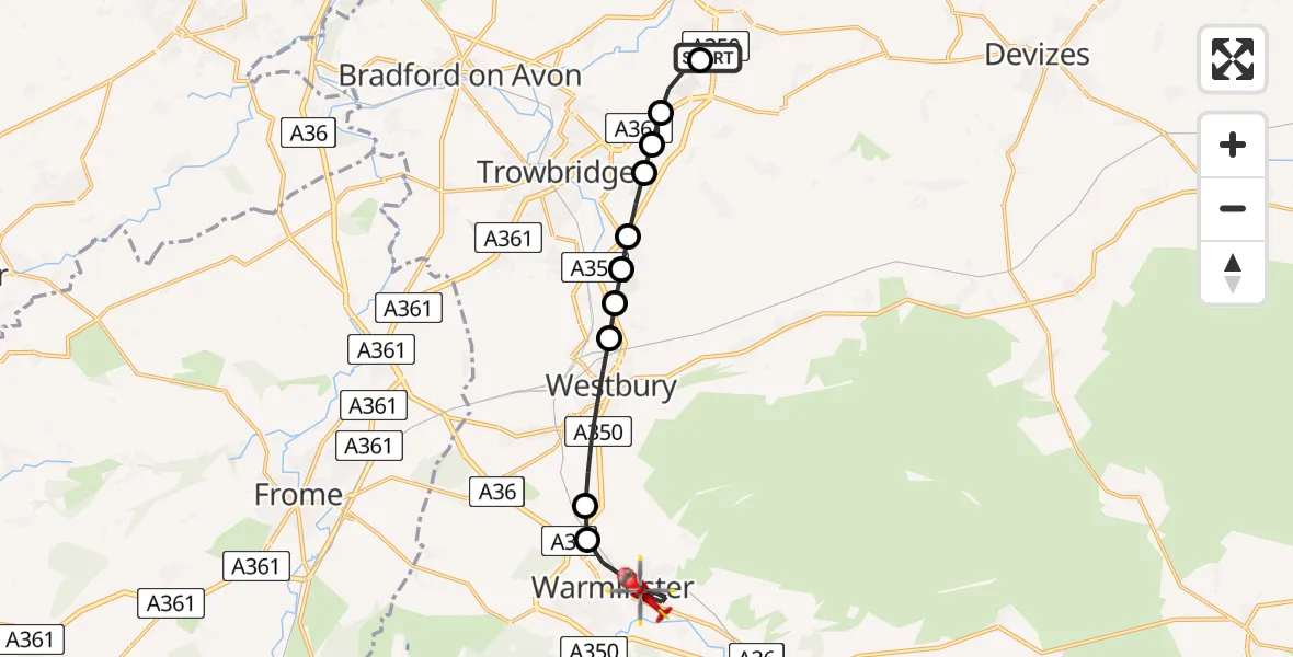 Flight path map showing Air Ambulance Helicopter route from Wiltshire Air Ambulance to Warminster