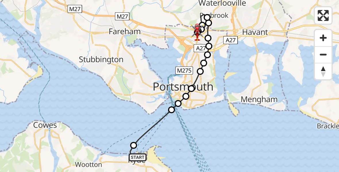 Flight path map showing Air Ambulance Helicopter route from Ryde to Queen Alexandra Hospital
