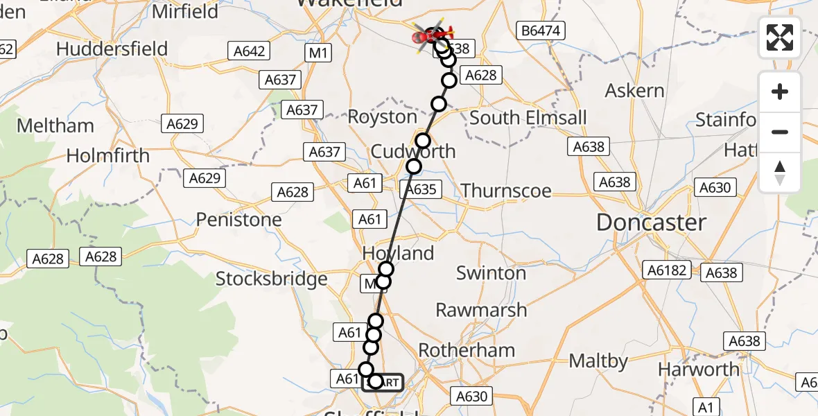 Flight path map showing Air Ambulance Helicopter route from Sheffield Northern Hospital to YAA Nostell Helicopter Port