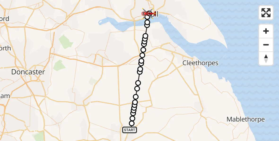 Flight path map showing Air Ambulance Helicopter route from Welton CP to Hull Royal Infirmary